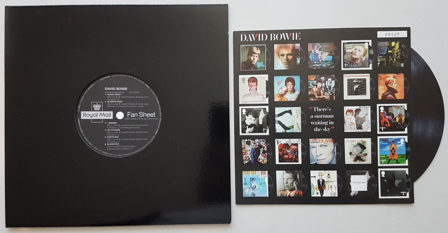 2017 David Bowie Album Art Royal Mail Fan Sheet. Slight knocks to edge of outer black sleeve.